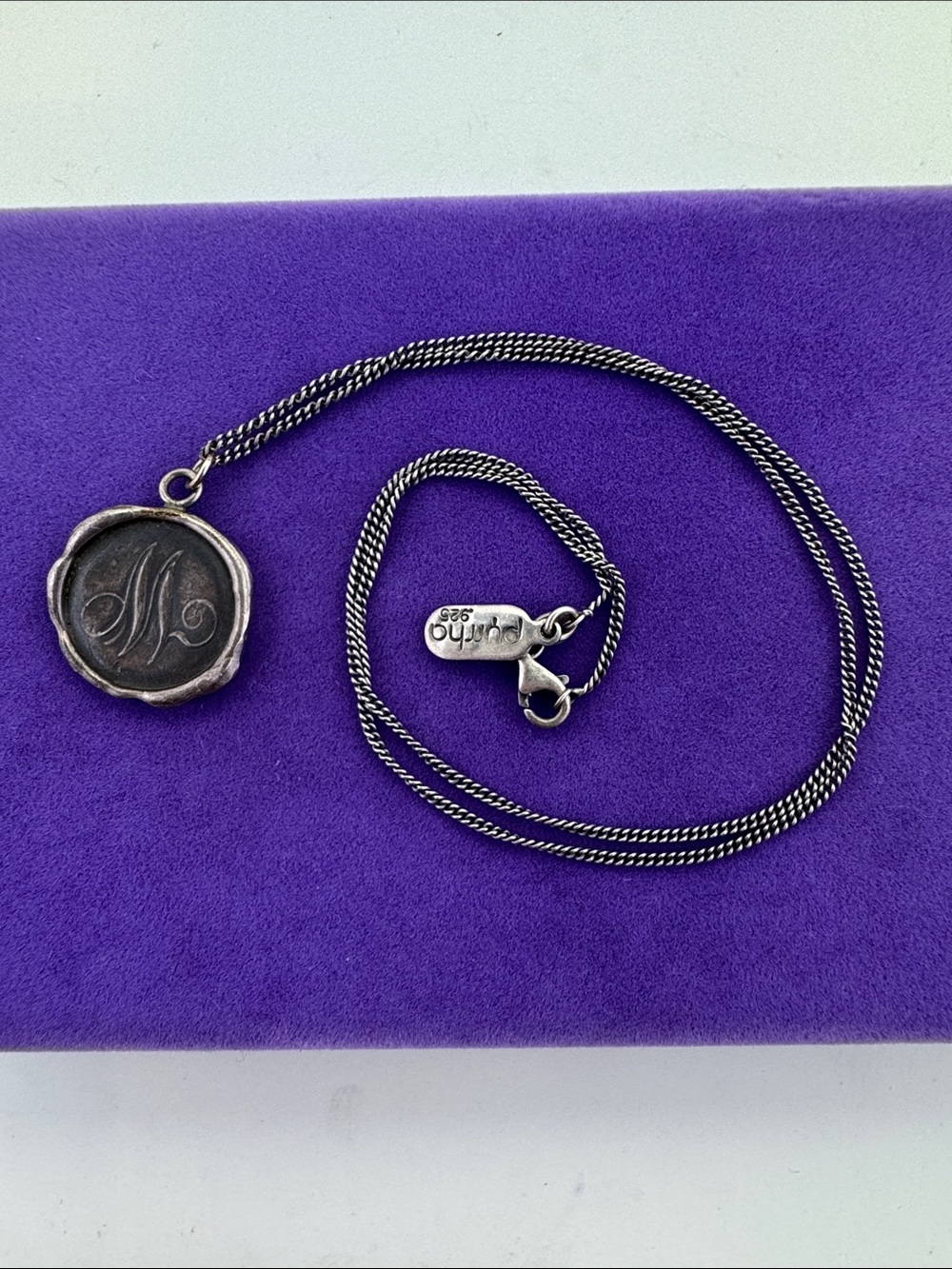 💛 Sterling Silver Pyrrha “M” Monogram Wax Seal Necklace | Classic Designer - Picture 4 of 6